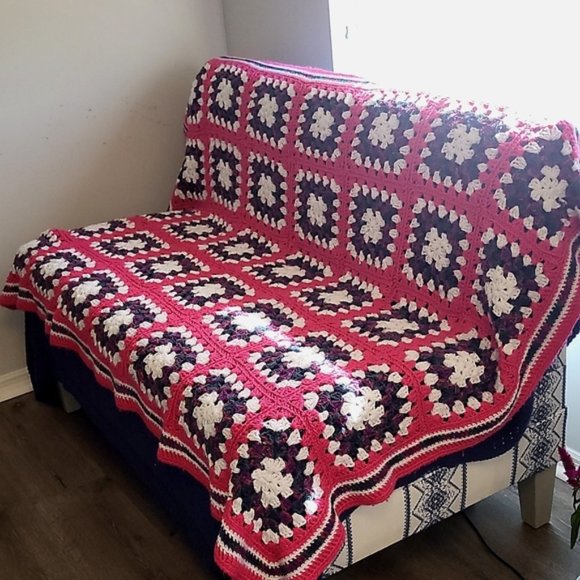 vintage Other - Vintage 1970's Large Pink and Purple Crochet Granny Square Afghan Blanket/throw